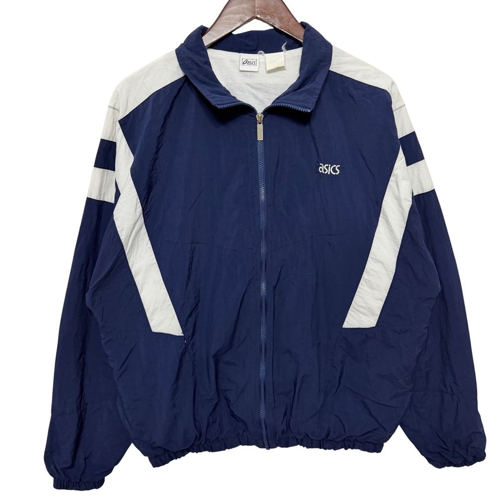 Vintage Asics Windbreaker Jacket‎ Mens L Navy Blue White Colorblock Zip